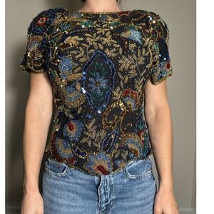 Vintage Black Paisley Beaded Shortsleeve Shirt Size M